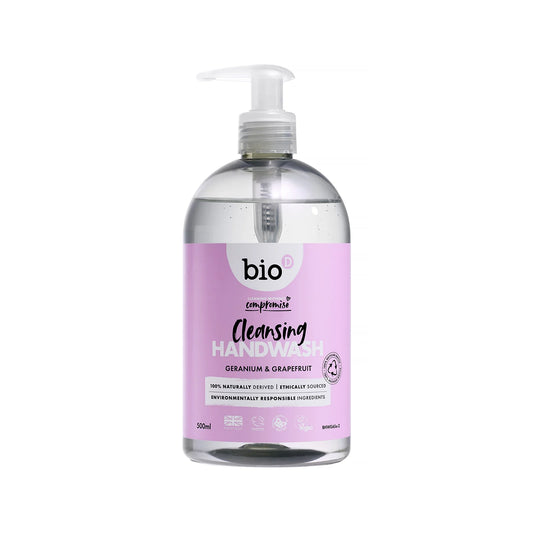 Bio-D Hand Wash Geranium & Grapefruit 500ml Front label bottle.