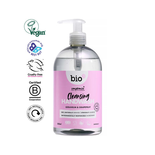 Bio-D Hand Wash Geranium & Grapefruit 500ml Front label bottle with logos.
