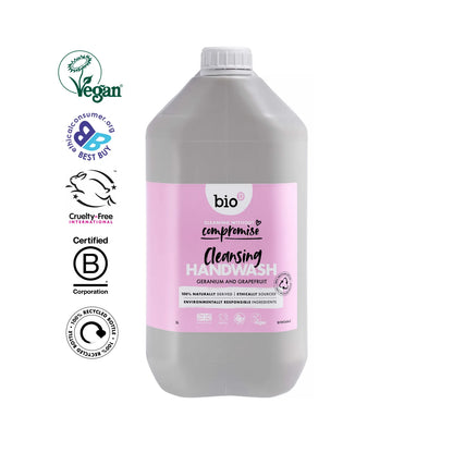 Bio-D Hand Wash Geranium & Grapefruit 5 Litre Front label with logos.