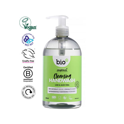 Bio-D Hand Wash Lime & Aloe Vera 500ml Front label bottle with logos.