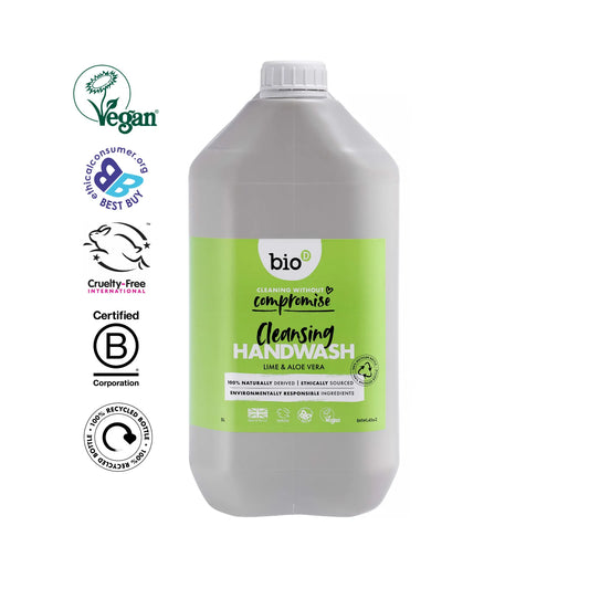 Bio-D Hand Wash Lime & Aloe Vera 5 Litre Front label with logos.