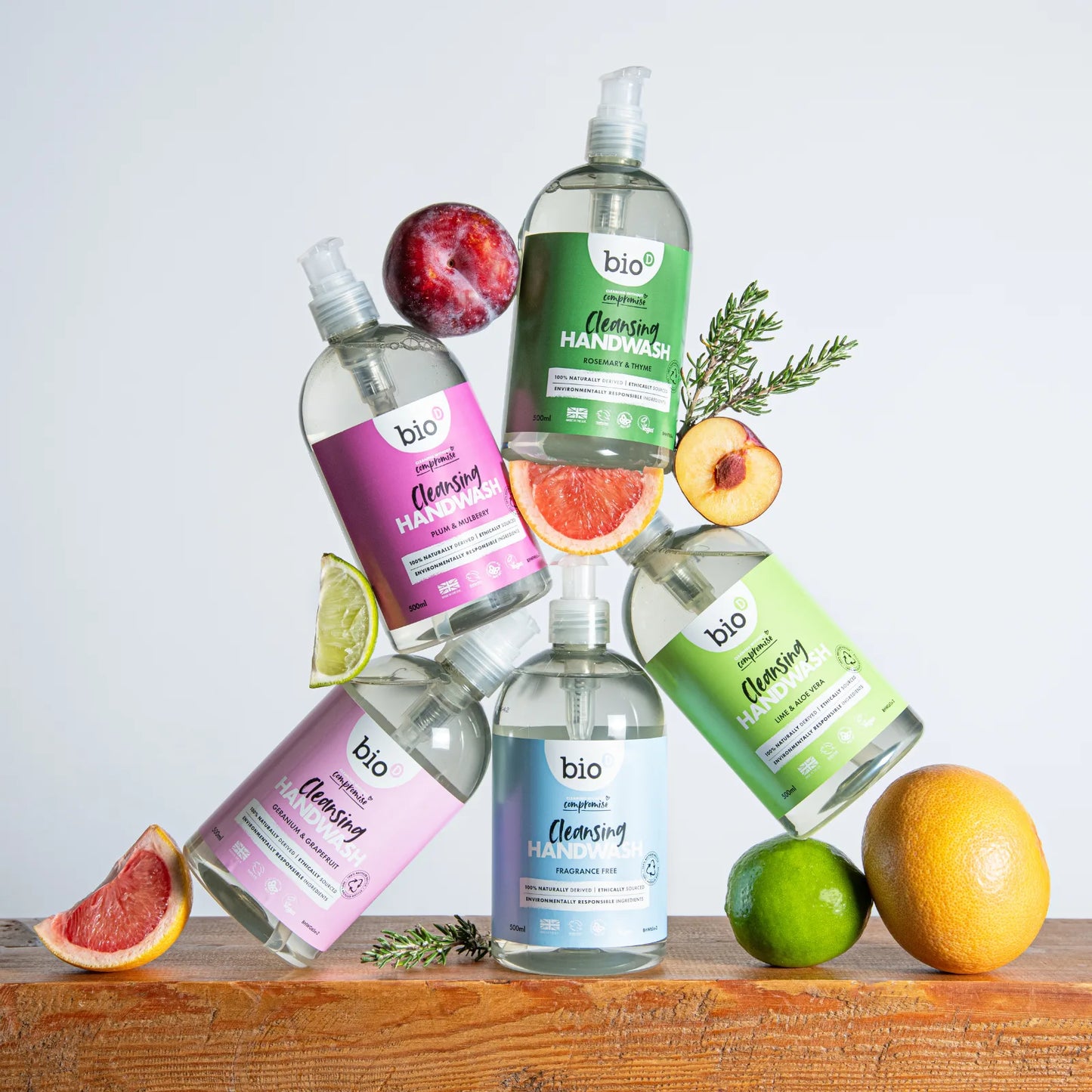 Bio-D Mixed Hand Wash bottles displayed with different fruits.