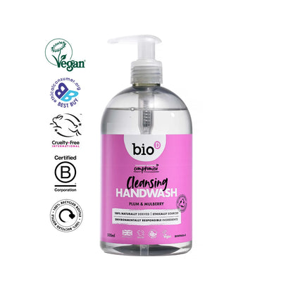 Bio-D Hand Wash Plum & Mulberry 500ml Front label bottle with logos.