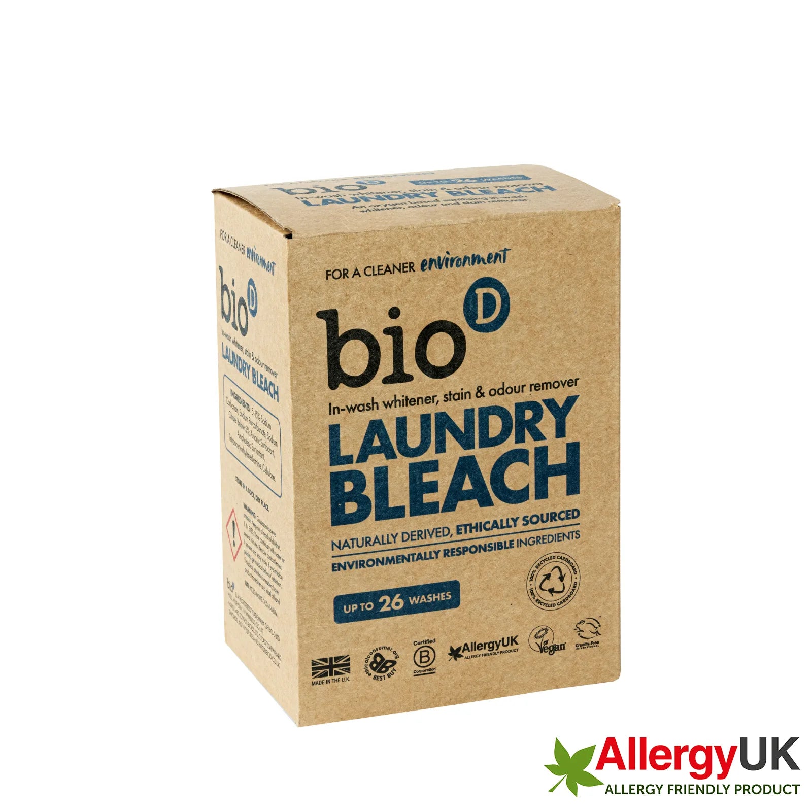 Bio-D Laundry Bleach Powder 400g Front box with Allergy UK friendly logo.