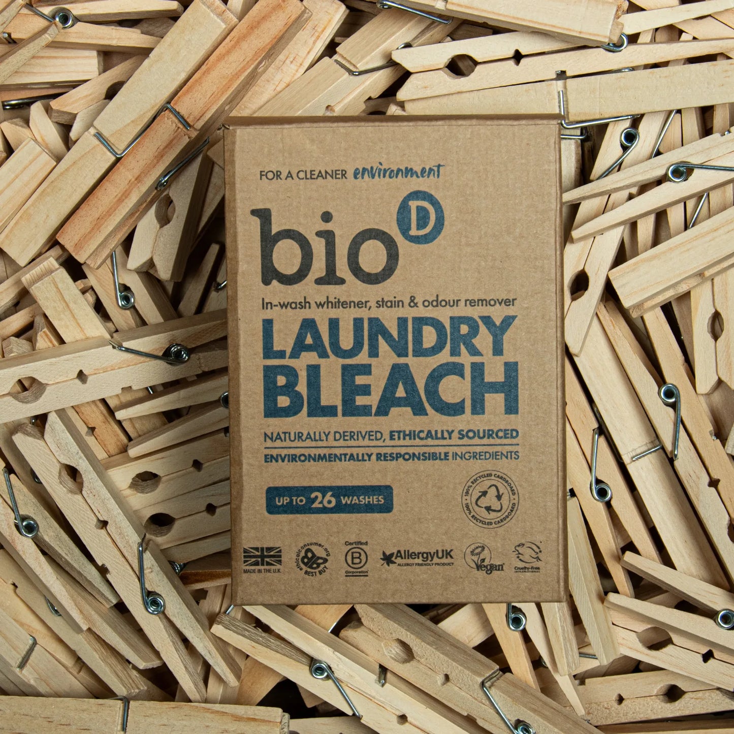 Bio-D Laundry Bleach Powder 400g Front box on washing pegs.
