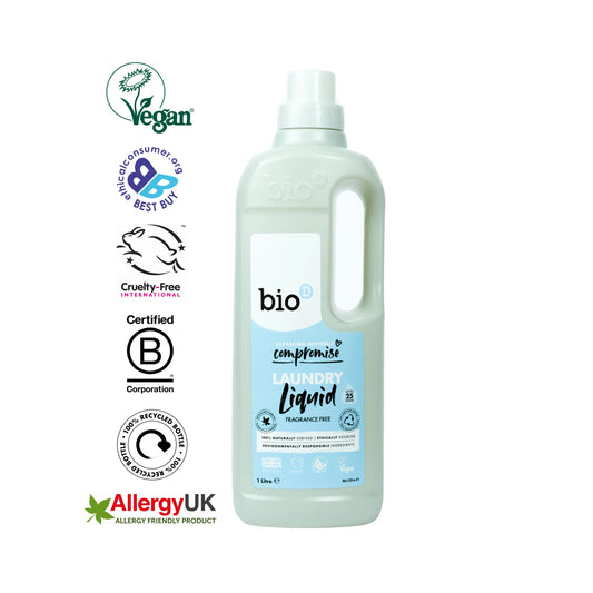 Bio-D Laundry Liquid Fragrance Free 1 litre Front label bottle with logos.