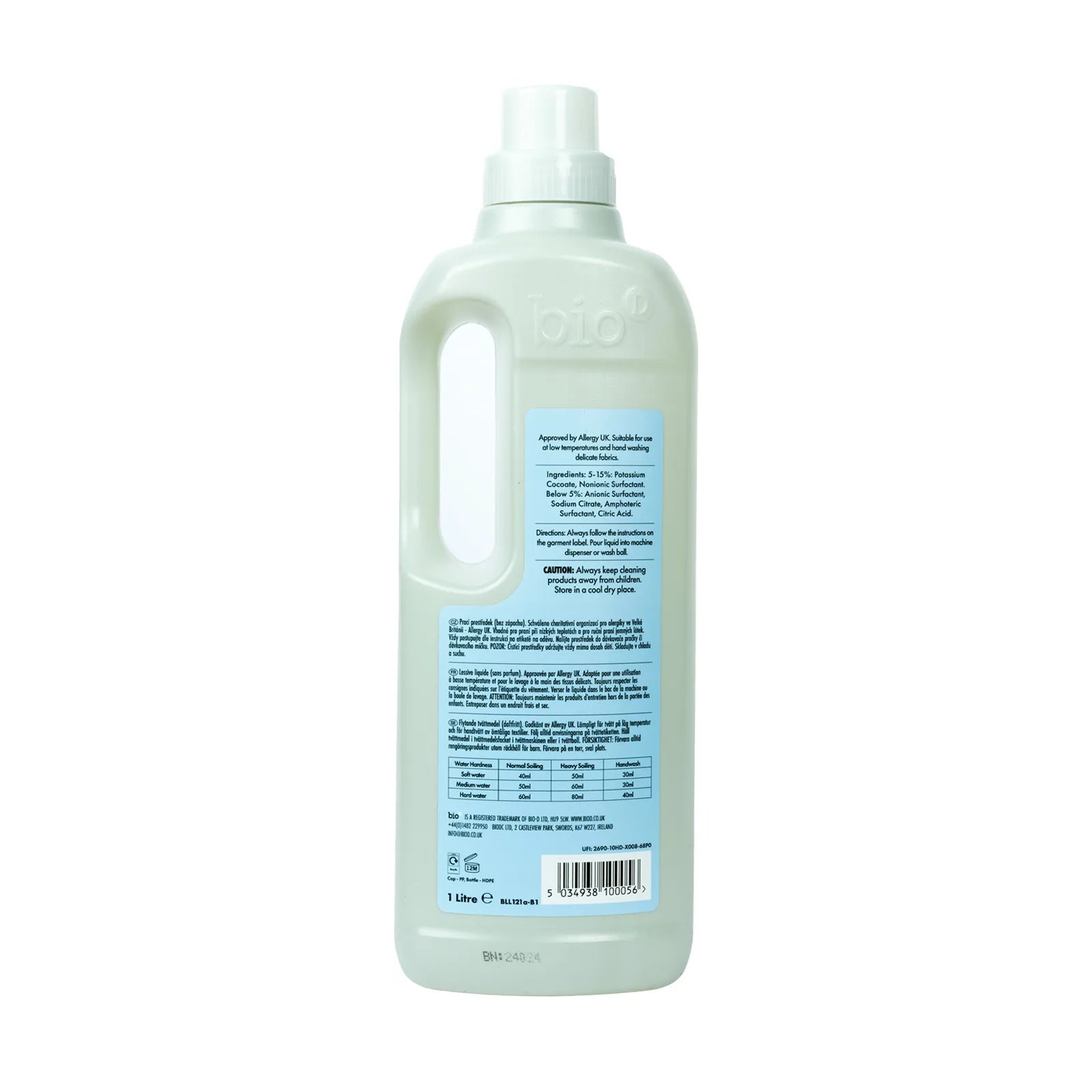Bio-D Laundry Liquid Fragrance Free 1 litre Back label bottle.