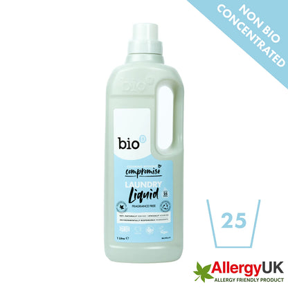 Bio-D Laundry Liquid Fragrance Free 1 litre Front label bottle Non-bio concentrated & Allergy UK friendly logo.