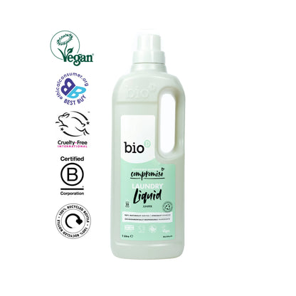 Bio-D Laundry Liquid Fresh Juniper 1 litre Front label bottle with logos.