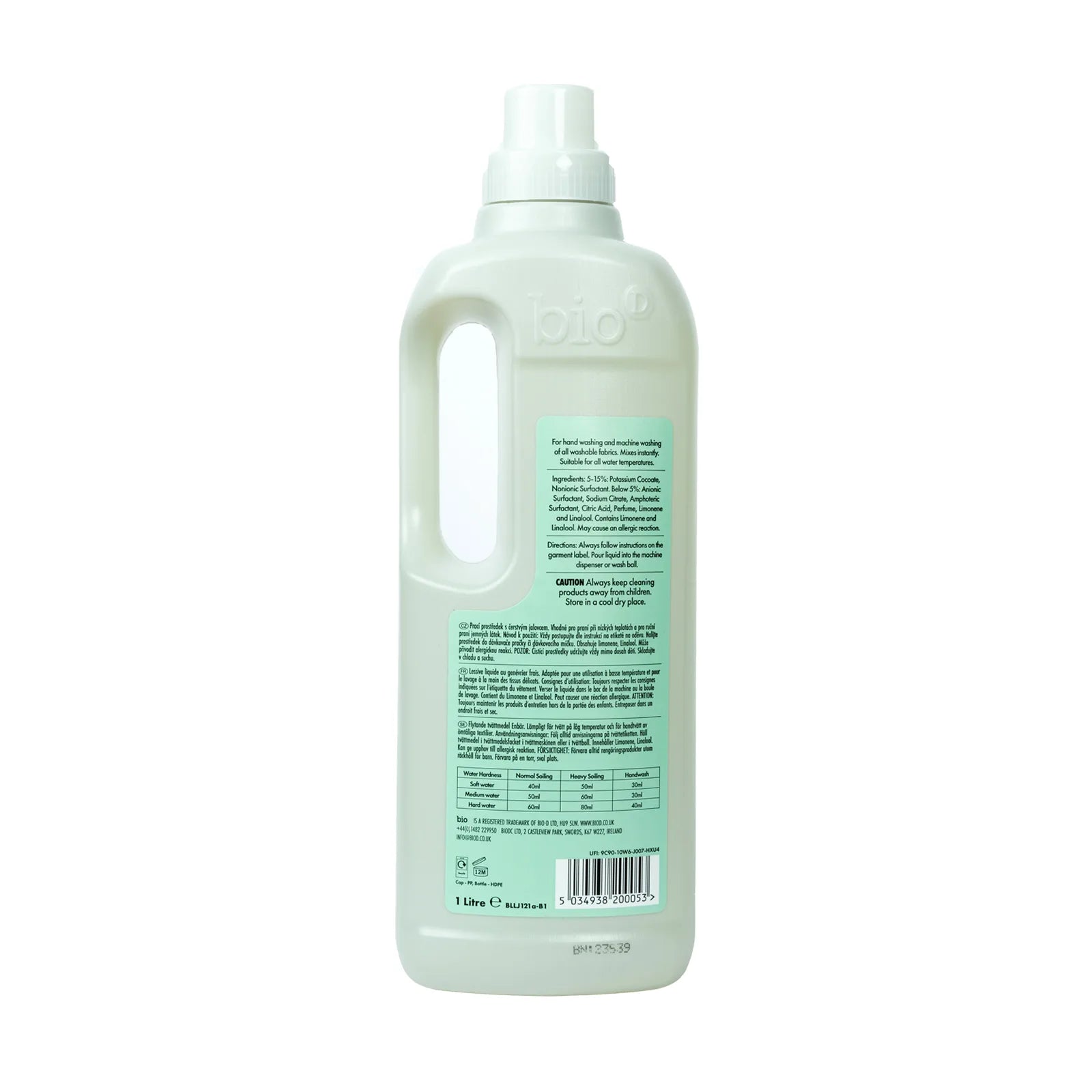 Bio-D Laundry Liquid Fresh Juniper 1 litre Back label bottle.