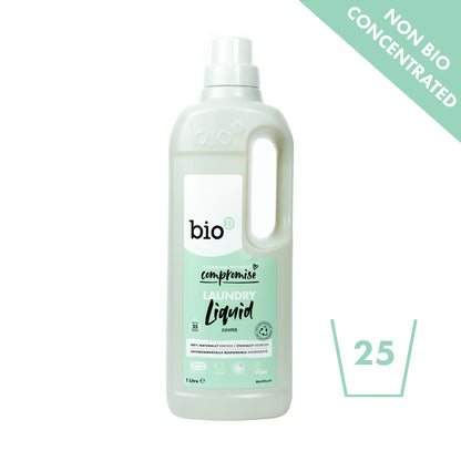 Bio-D Laundry Liquid Fresh Juniper 1 litre Front label bottle Non-bio concentrated logo.