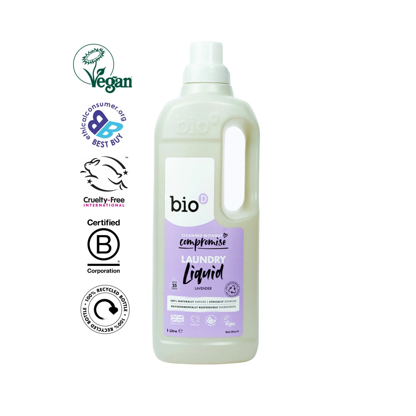 Bio-D Laundry Liquid Lavender 1 litre Front label bottle with logos.