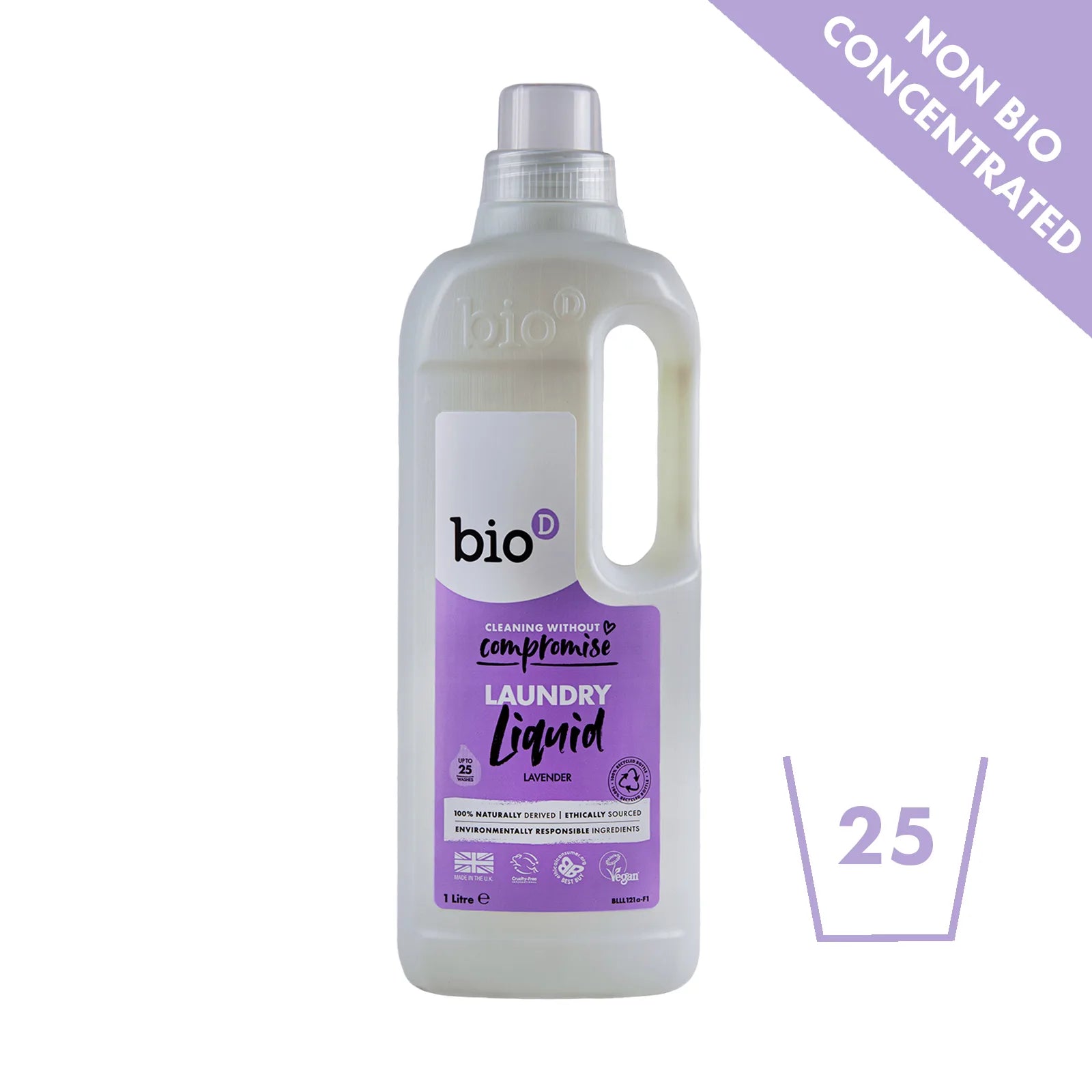 Bio-D Laundry Liquid Lavender 1 litre Front label bottle Non-bio concentrated logo.