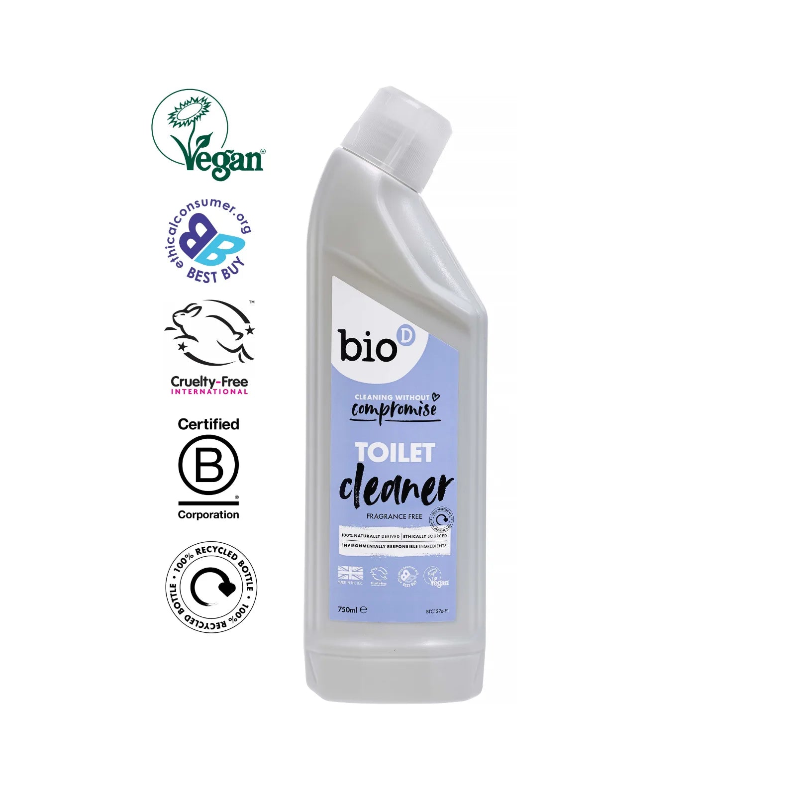 Bio-D Toilet Cleaner Fragrance Free 750ml Front label bottle with logos.