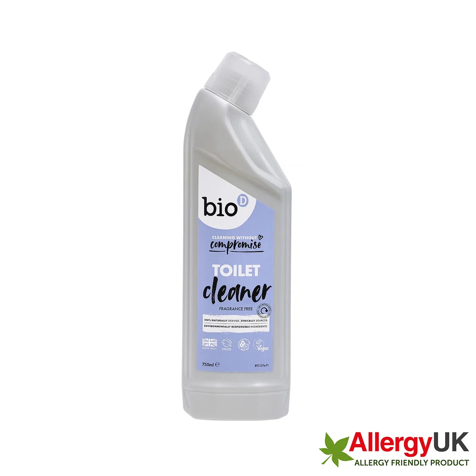 Bio-D Toilet Cleaner Fragrance Free 750ml Front label bottle with Allergy UK friendly logo