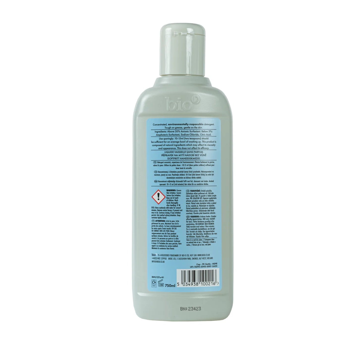 Bio-D Washing-Up Liquid Fragrance Free 750ml Back label bottle.