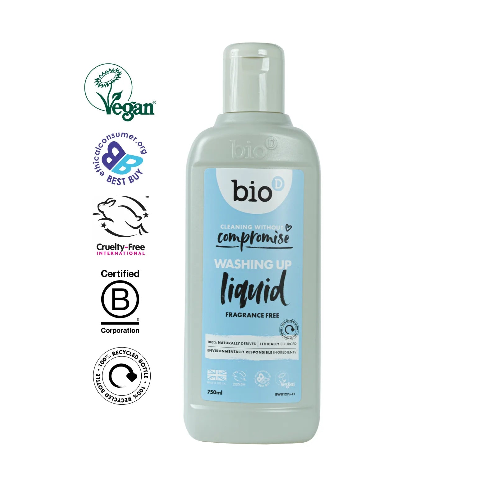 Bio-D Washing-Up Liquid Fragrance Free 750ml Front label bottle with  logos.