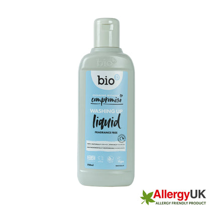 Bio-D Washing-Up Liquid Fragrance Free 750ml Front label bottle with Allergy UK friendly logo.