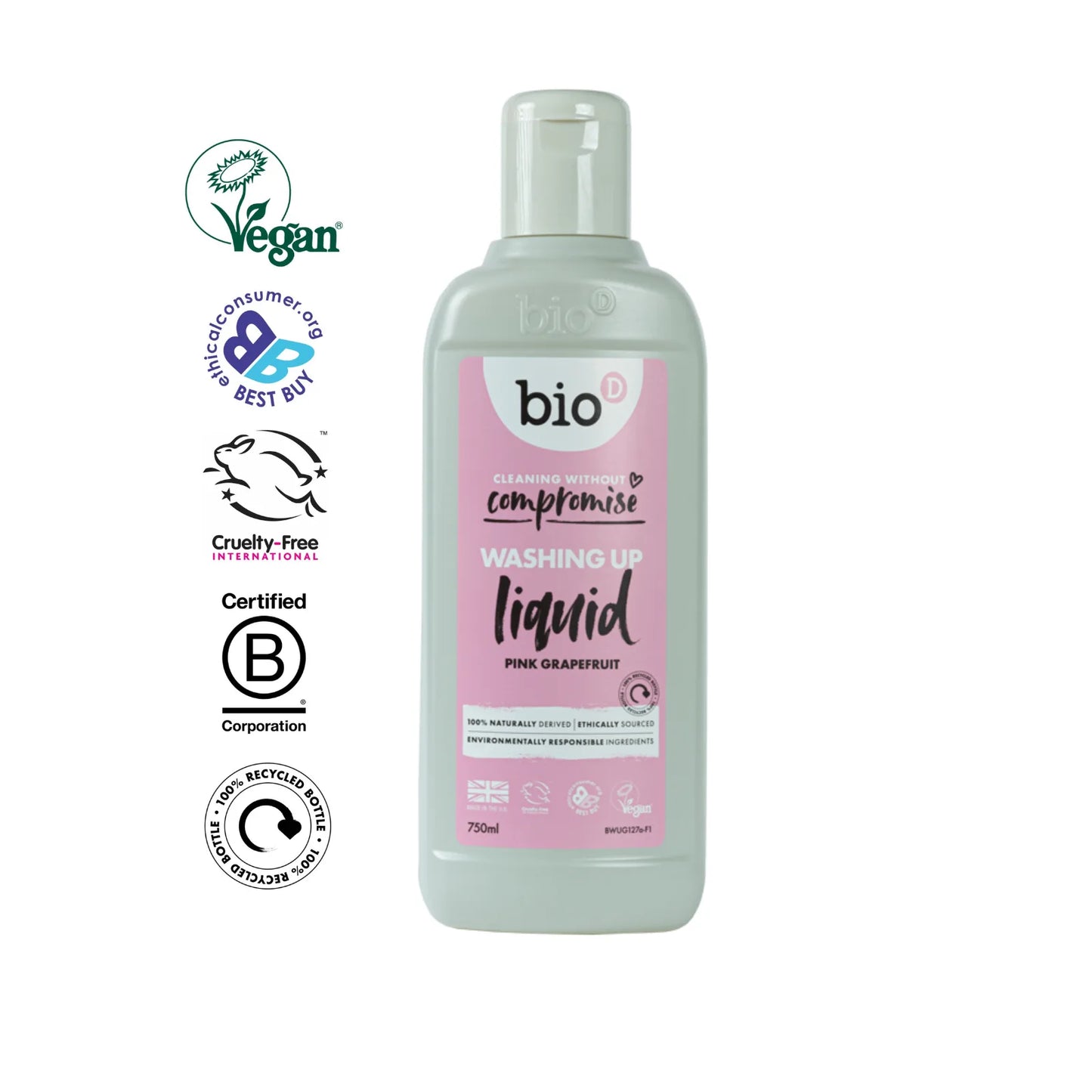 Bio-D Washing-Up Liquid Grapefruit 750ml Front label bottle with logos.