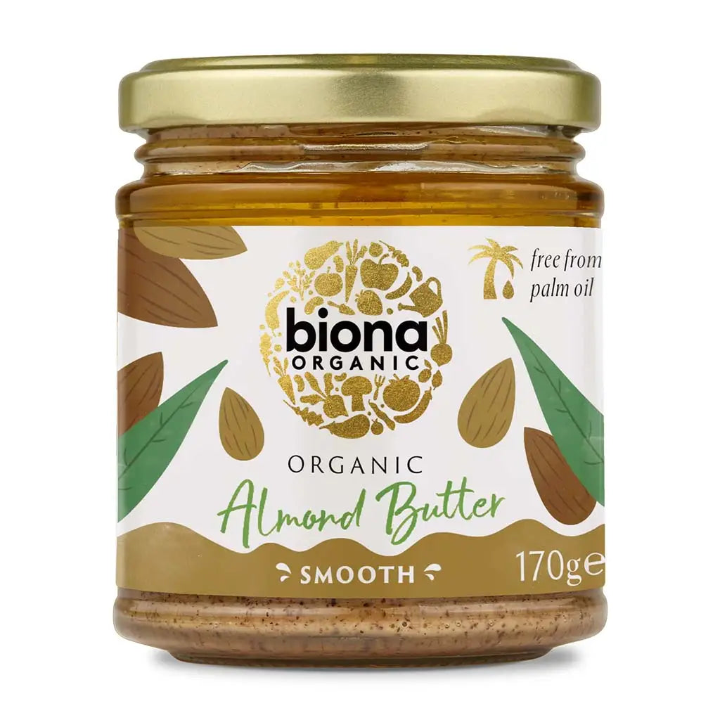 Biona Almond Butter Smooth Organic 170g glass jar.