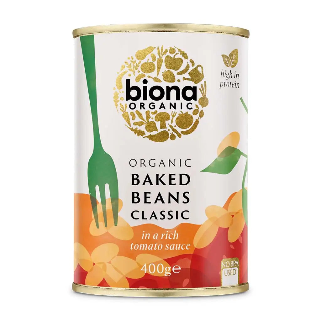 Biona Classic Baked Beans Organic 400g in a rich tomato sauce BPA free tin.