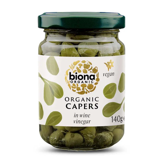 Biona Organic Capers in Wine Vinegar 140g glass jar.