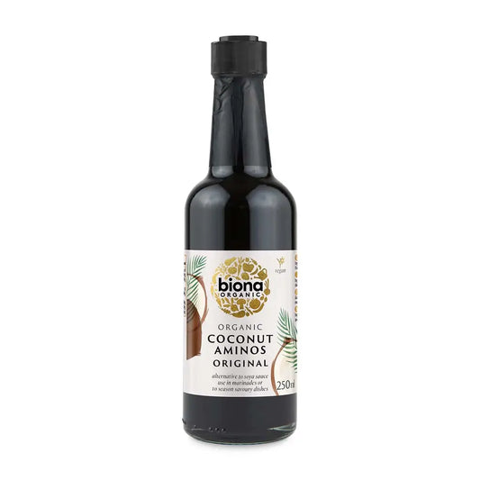 Biona Coconut Aminos Organic 250ml glass bottle.