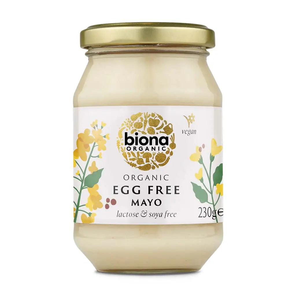 Biona Egg Free Mayonnaise Organic 230g lactose and soya free glass jar.