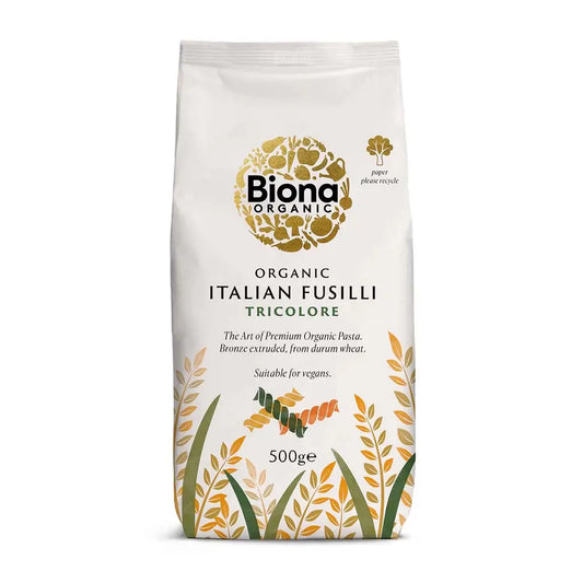 Biona Fusilli Pasta Tricolore Organic 500g paper bag.