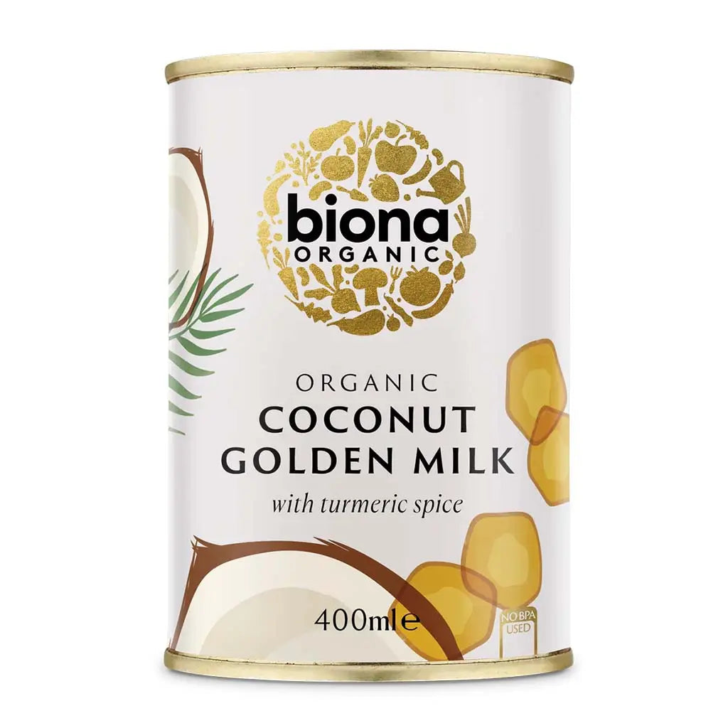 Biona Golden Coconut Milk Organic 400ml with turmeric spice BPA free tin.
