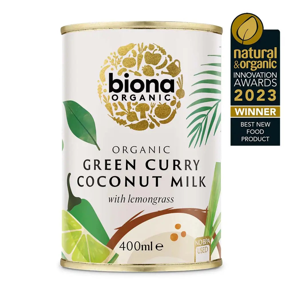 Biona Green Curry Coconut Milk 400ml with lemongrass BPA free tin.