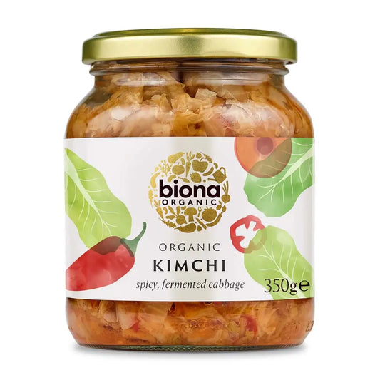 Biona Kimchi Organic 350g spicy, fermented cabbage glass jar.