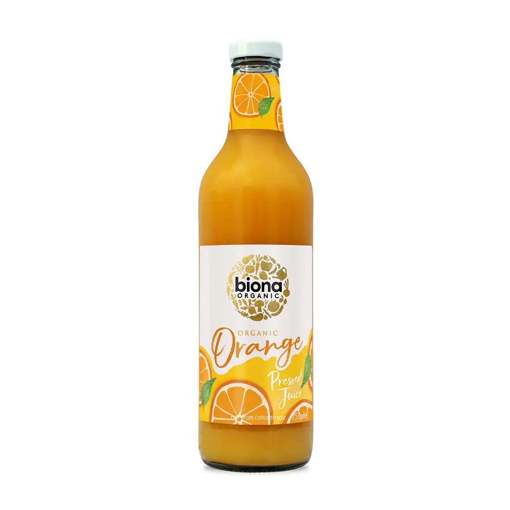 Biona Orange Juice Organic 750ml glass bottle.