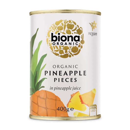 Biona Pineapple Pieces Organic 400g in pineapple juice BPA free tin.