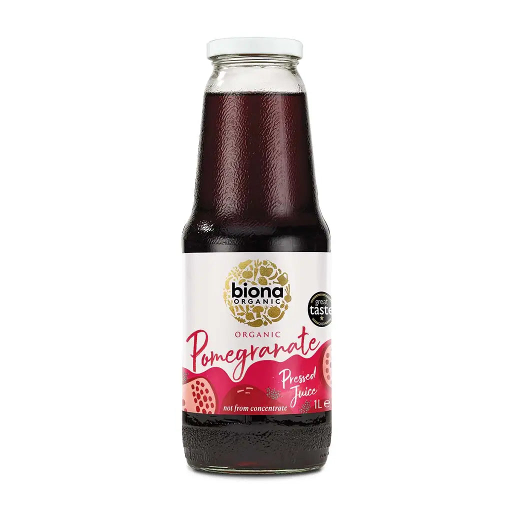 Biona Pomegranate Juice Organic 1000ml not from concentrate glass bottle.