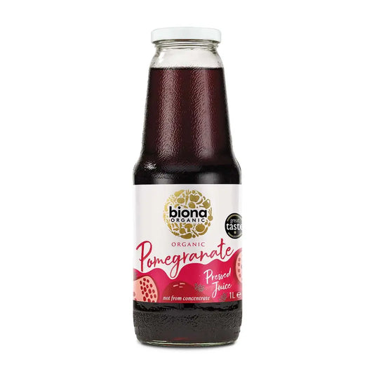 Biona Pomegranate Juice Organic 1000ml not from concentrate glass bottle.