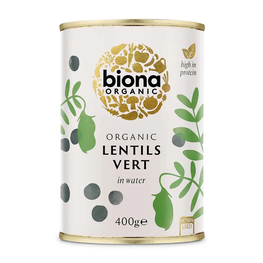 Biona Lentils (dark green speckled) Vert Organic 400gin water BPA free tin.