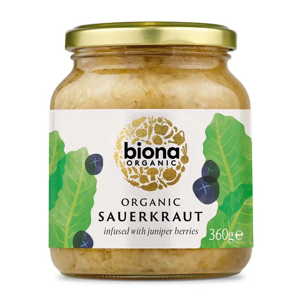 Biona Sauerkraut Organic 680g infused with juniper berries glass jar.