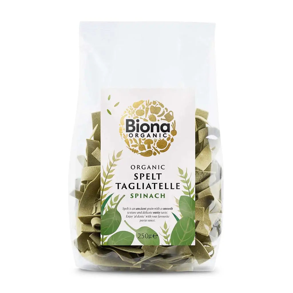 Biona Spelt Spinach Tagliatelle Organic 250g bag.