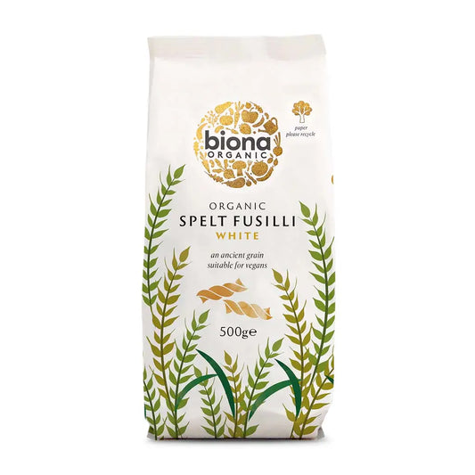 Biona Spelt Fusilli Pasta White Organic 500g paper bag.