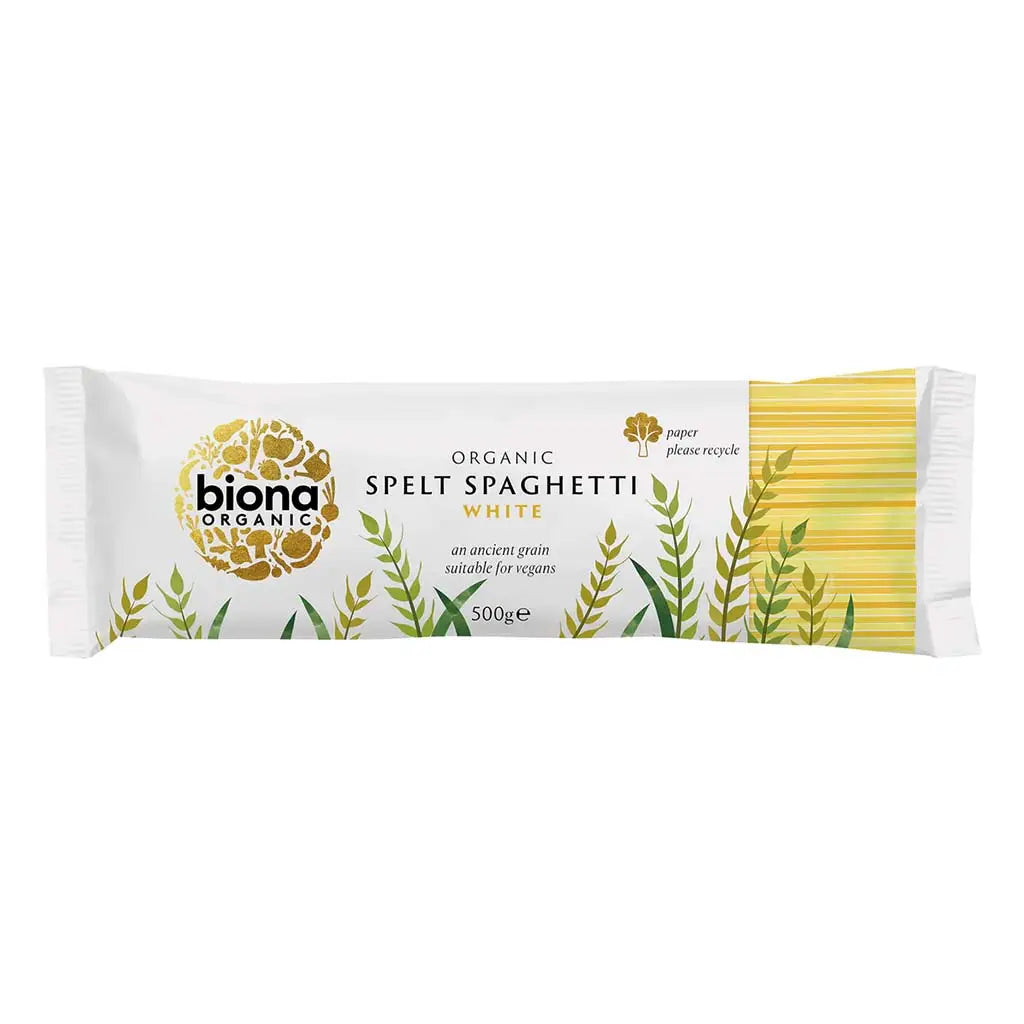 Biona Spelt White Spaghetti Organic 500g paper bag.