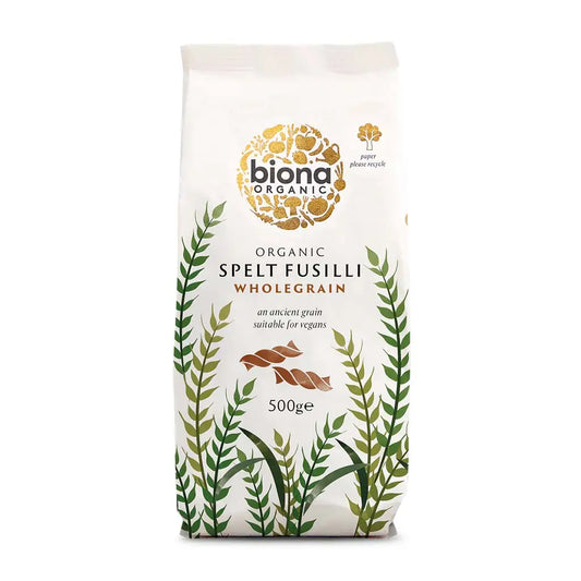 Biona Spelt Fusilli Pasta Wholewheat Organic 500g paper bag.