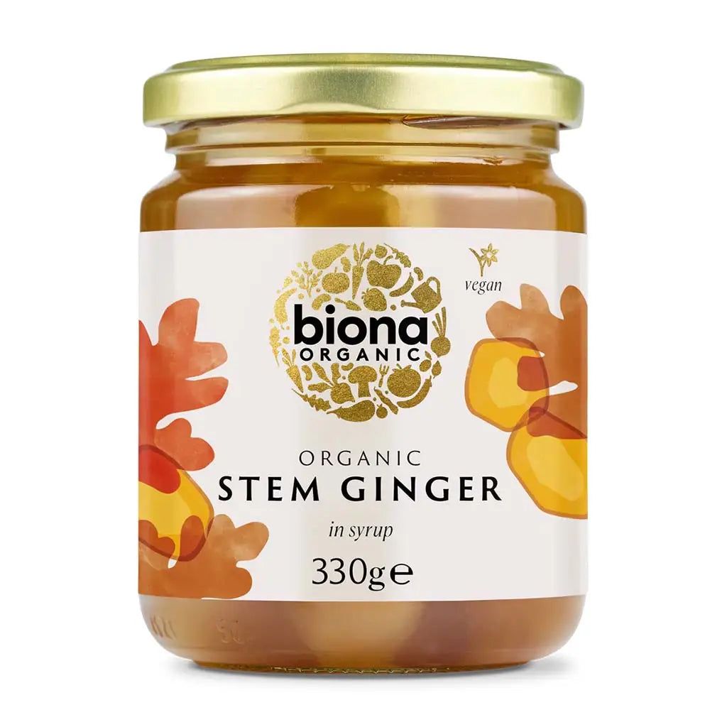 Biona Stem Ginger in Syrup Organic 330g glass jar.