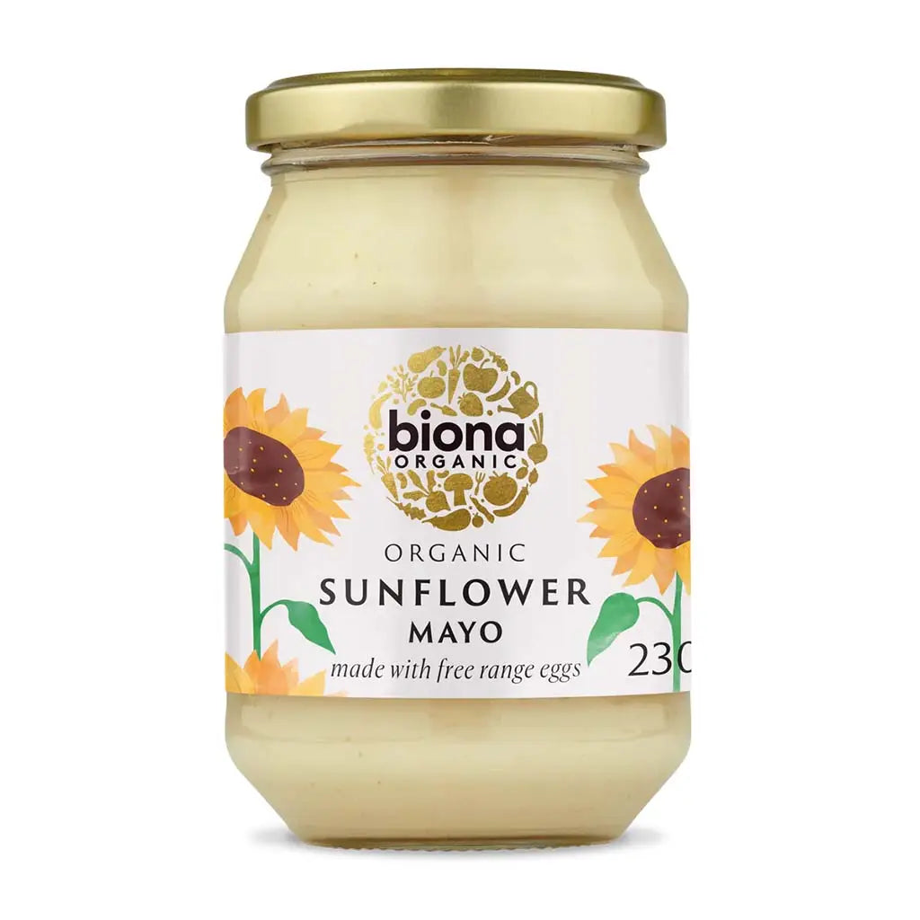 Biona Sunflower Mayonnaise Organic 230g made with free range eggs glass jar.