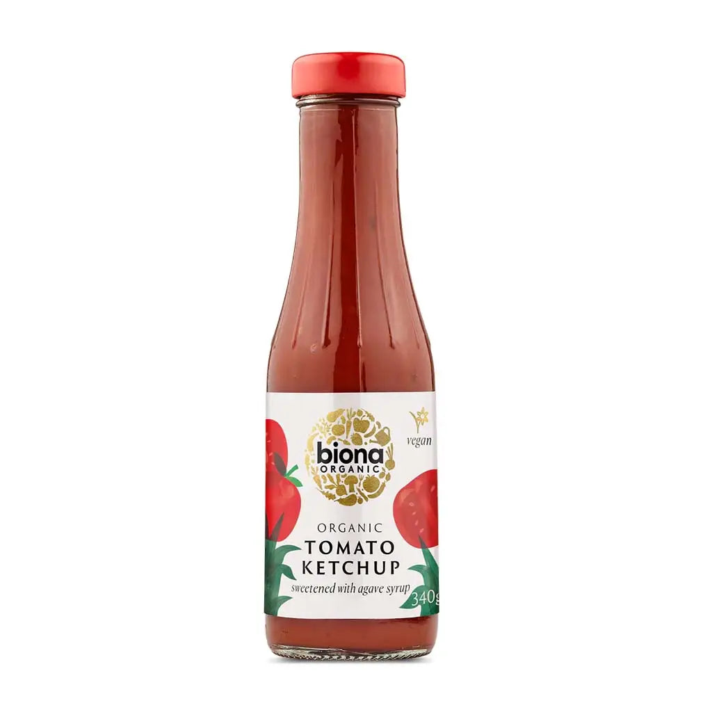 Biona Tomato Ketchup Organic & vegan 340g sweetened with agave syrup glass bottle.