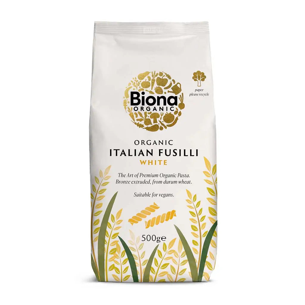 Biona Fusilli Pasta White Organic 500g paper bag.