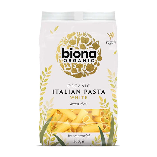 Biona Rigatoni Pasta White Organic 500g bag.