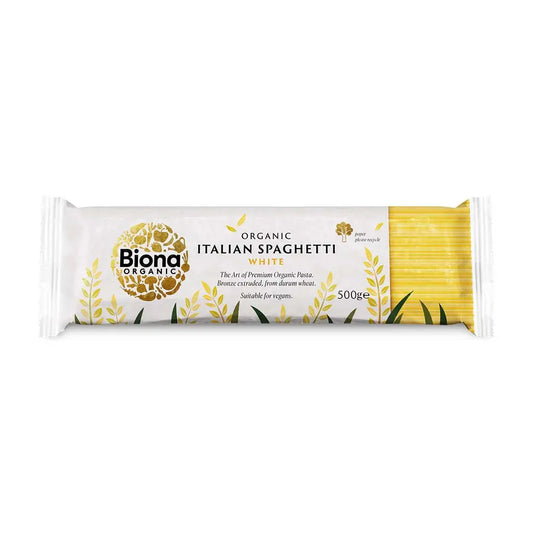 Biona Durum Wheat White Spaghetti Organic 500g paper bag.