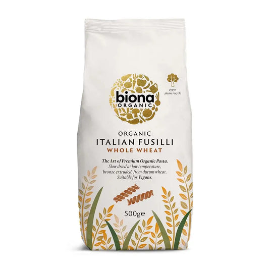 Biona Fusilli Pasta Wholewheat Organic 500g paper bag.