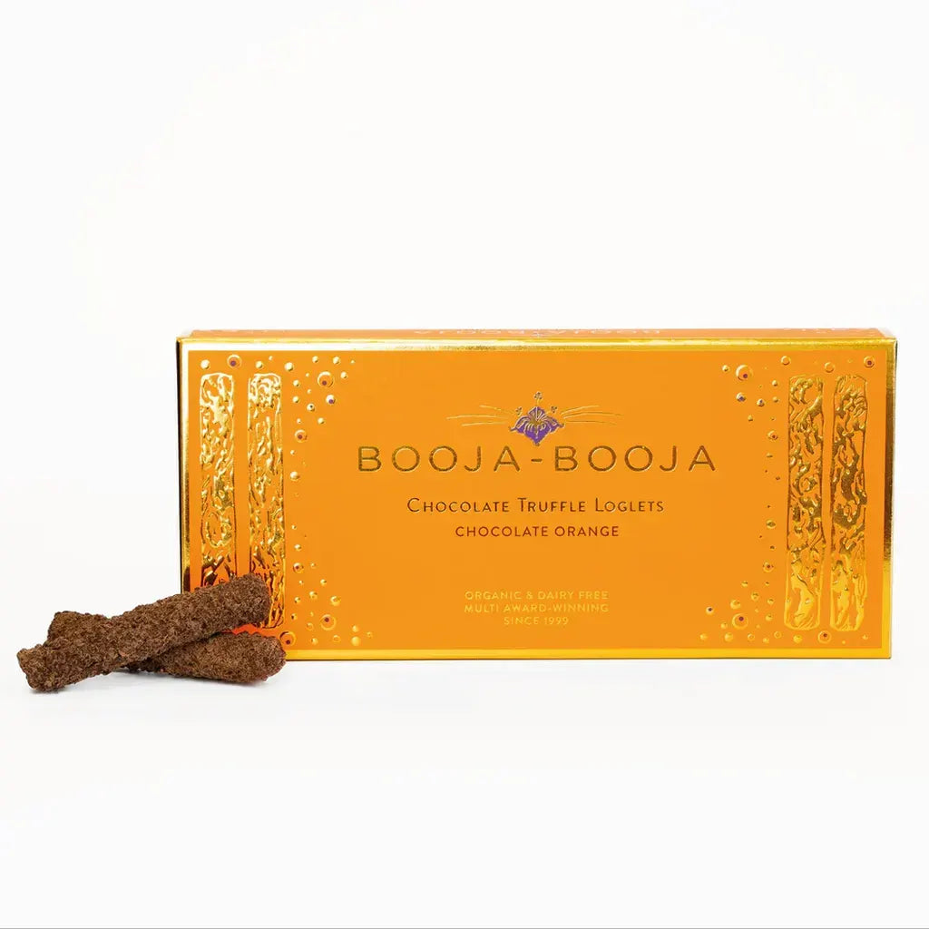 Booja Booja Loglets Chocolate Orange box with truffle loglets on a white background.